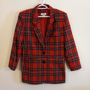 Vintage Take Six Red Plaid Blazer Buttons Pockets Lined 35% Wool. Women's Sz 10.